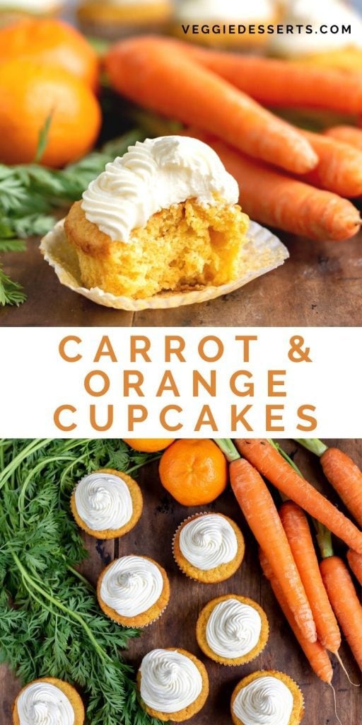 Cupcakes, one with a bite out with text: Carrot and Orange Cupcakes.