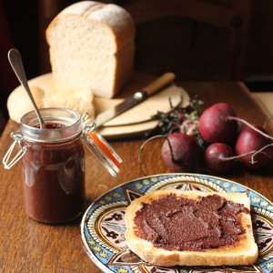 A piece of toast with hazelnut chocolate spread.