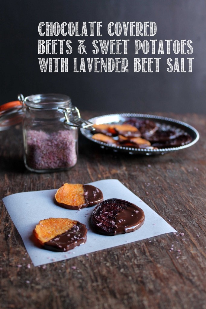 Pinnable image with beets and sweet potato covered in chocolate.