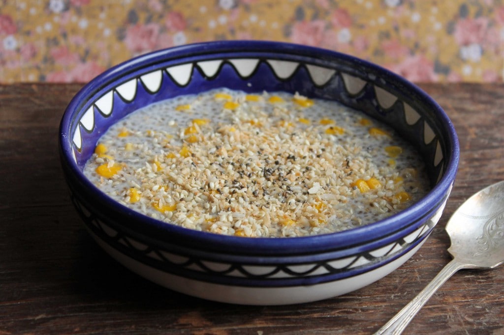 Bowl of pudding made with corn and coconut.