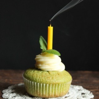 A cupcake with a blown out candle.