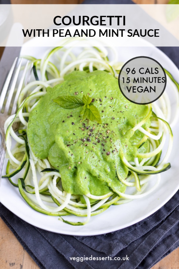 Pinnable image for courgetti recipe with pea sauce