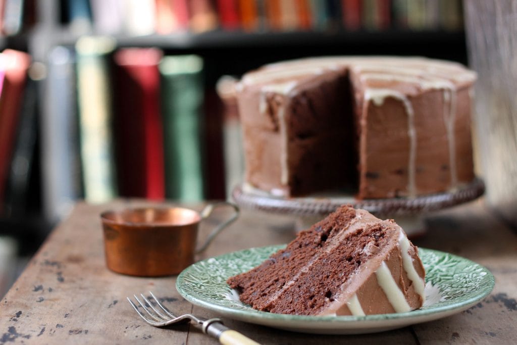 A close up of a piece of cake on a plate.