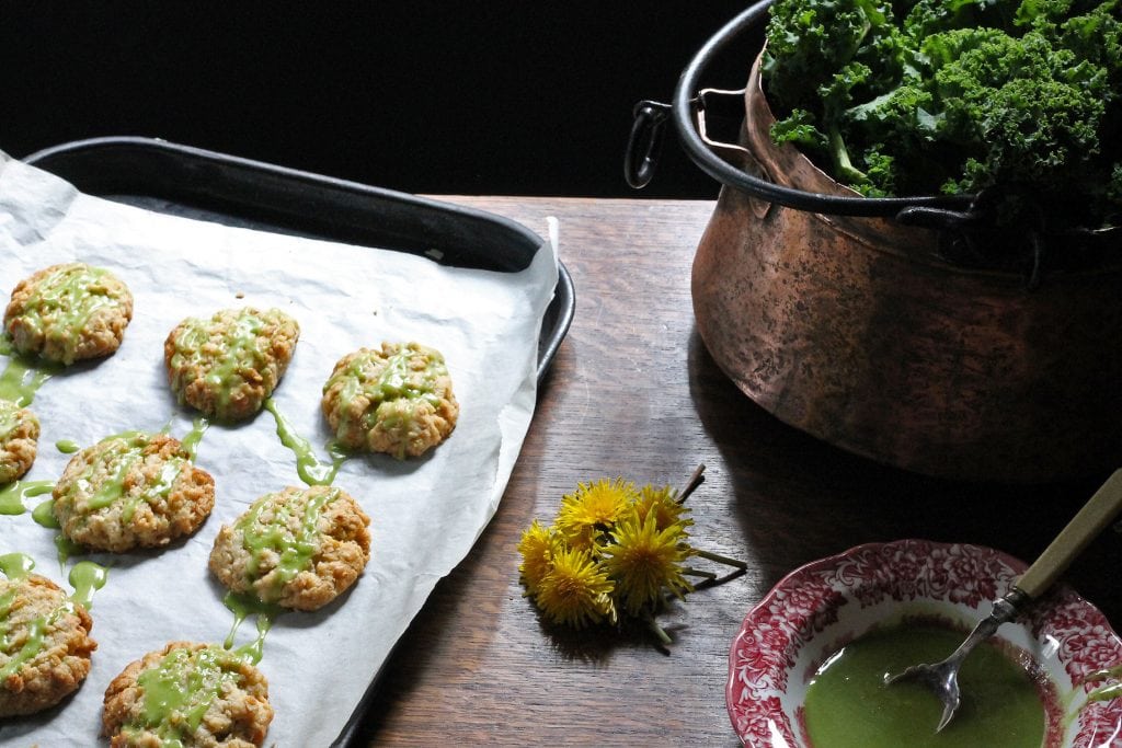 Dandelion Petal and Lemon Cookies with Kale Lemon Drizzle | VeggieDesserts Blog