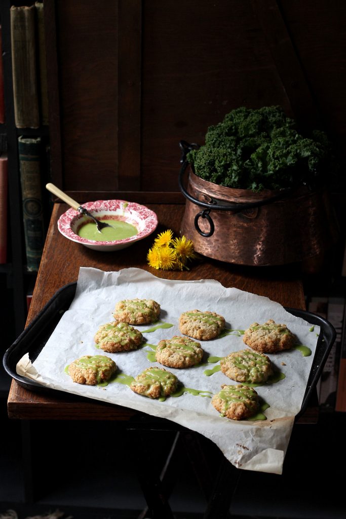 Dandelion Petal and Lemon Cookies with Kale Lemon Drizzle | VeggieDesserts Blog