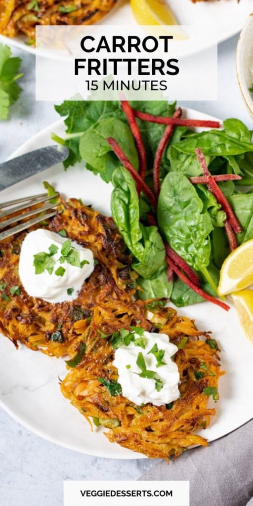 Pinnable image for Moroccan carrot fritters. Shown on a plate with salad.