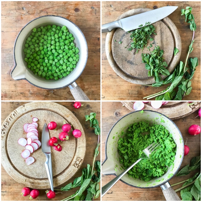 Collage: 1 peas cooking, 2 chopped mint, 3 chopped radishes, 4 mashed peas.