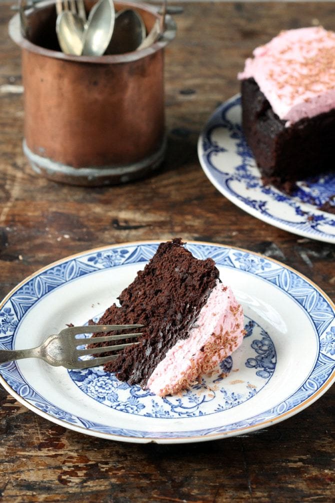 Slice of cake on vintage plate.