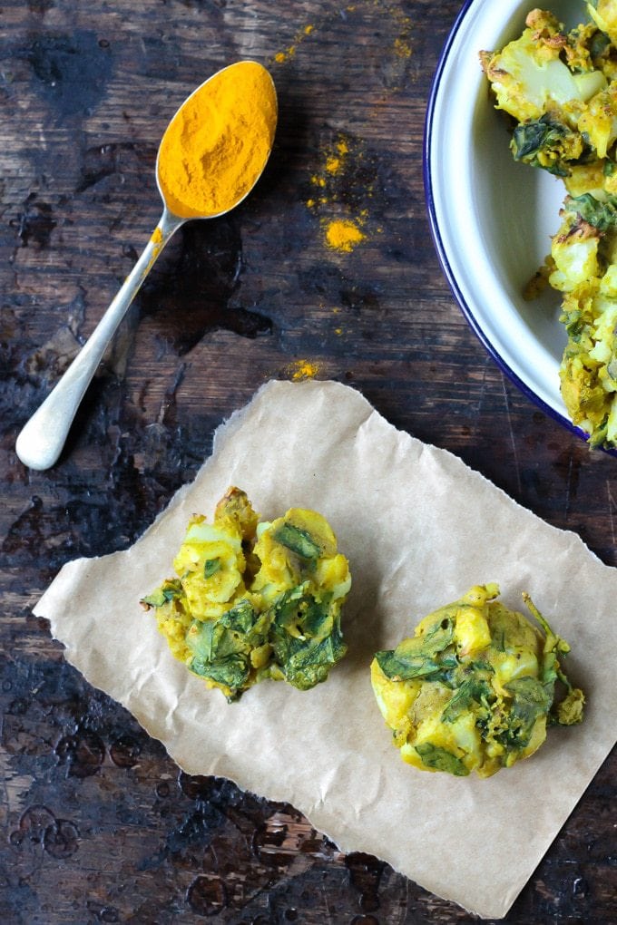 Overhead shot of two easy vegetable pakoras.