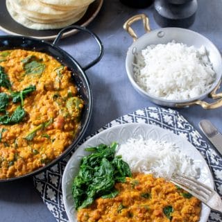 Plate of lentil dahl and rice.