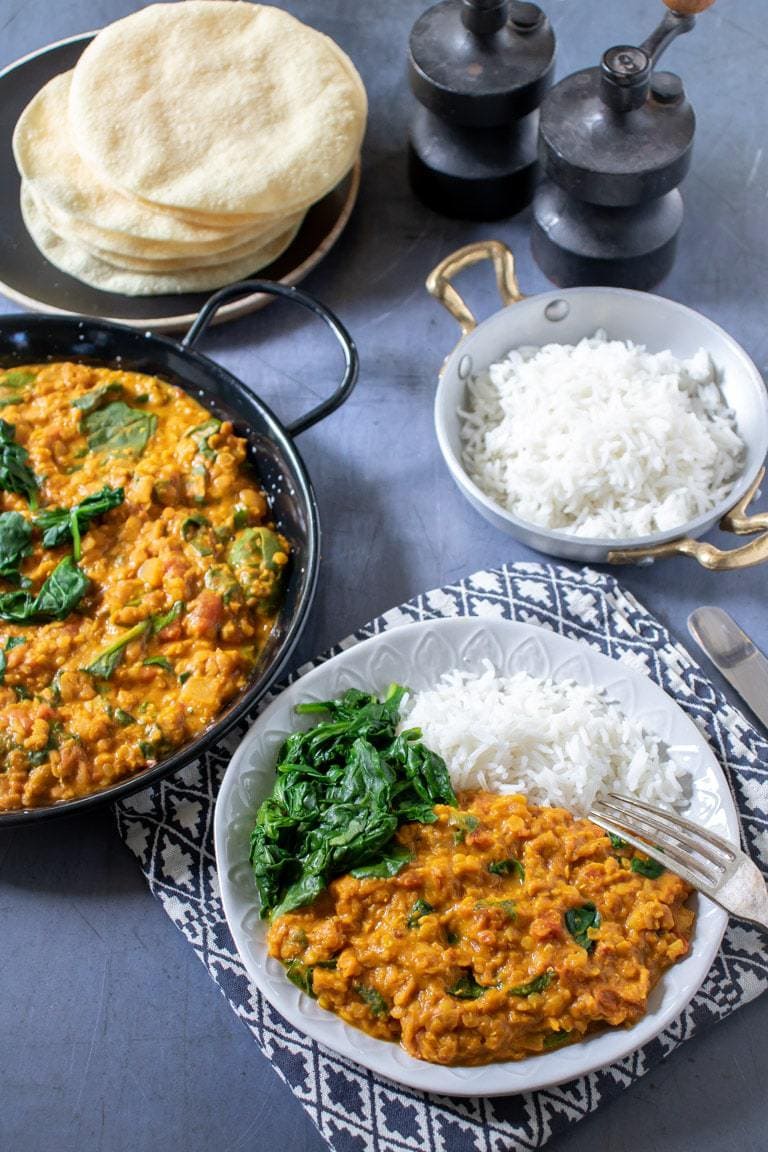 Plate of lentil dahl and rice.