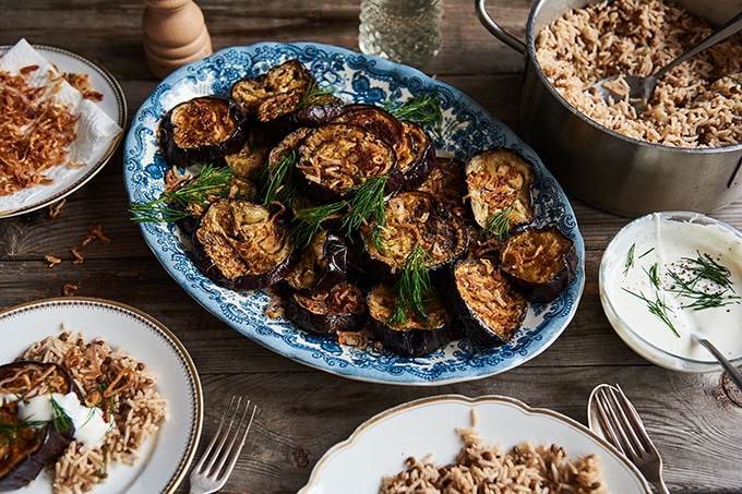 A large serving platter of eggplants.