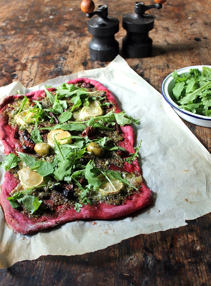 Beet Pizza on a table.