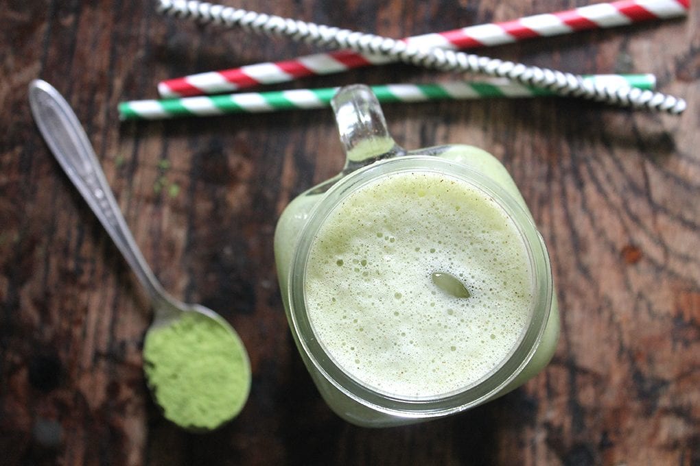 Overhead shot of a glass of creamy Matcha Horchata.