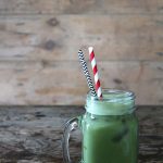 A glass of matcha horchata - a matcha twist on the classic mexican horchata drink. Vegan.