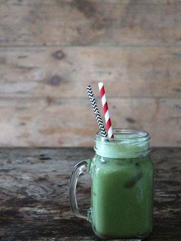 A glass of matcha horchata - a matcha twist on the classic mexican horchata drink. Vegan.
