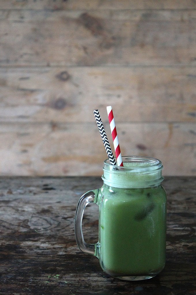 A glass of green matcha horchata. 