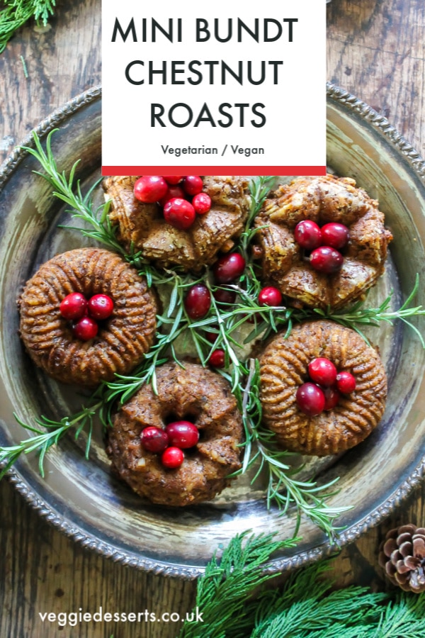 Mini Bundt Chestnut Roasts with Sage Gravy are a tasty vegetarian and vegan Christmas main. They're quick to make and look showstopping. If you don't have mini bundt tray you can make them in a loaf or cake pan.