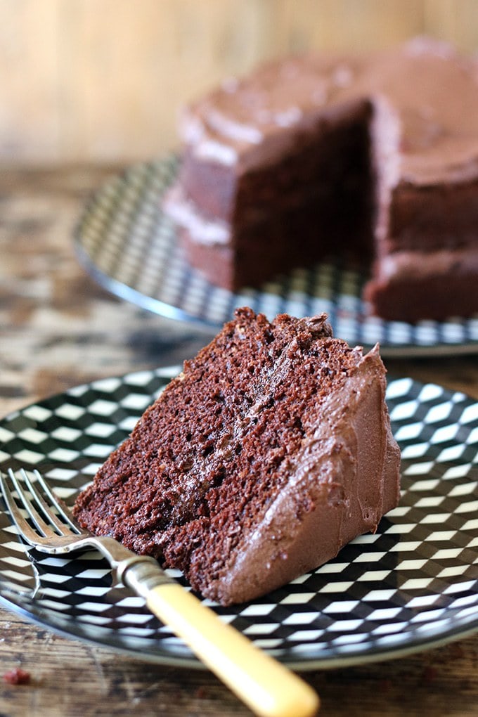 A close up of a big slice of the Best Vegan Chocolate Cake. 
