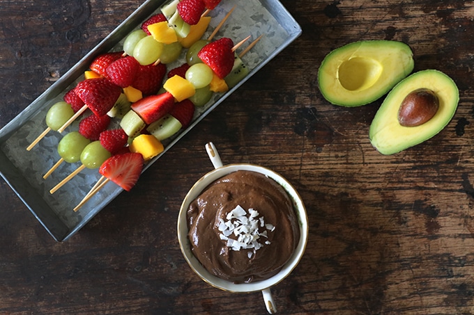 Chocolate avocado dip and fruit skewers.