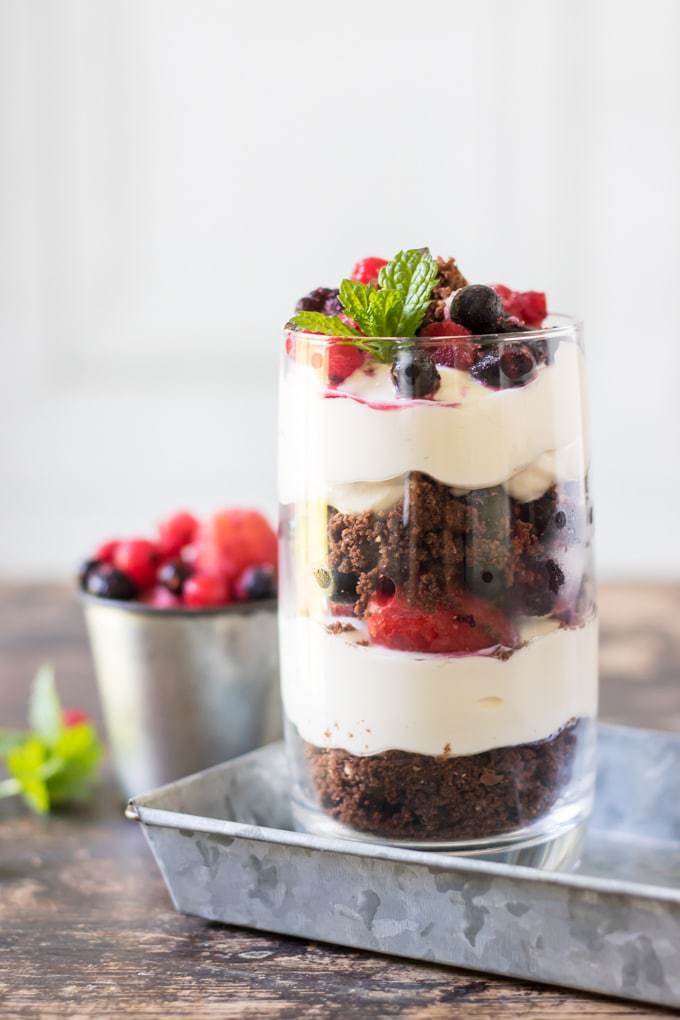 A parfait layered with yogurt, cookie crumbles and fruit.