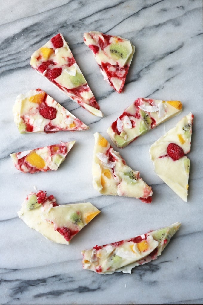 Shards of frozen yogurt with fruit.