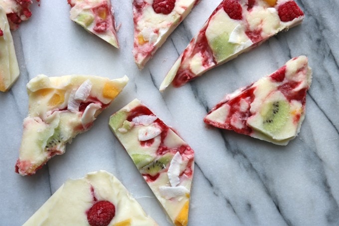 Close up of shards of Fruity Frozen Yogurt Bark  - frozen yogurt with jam and fruit. 