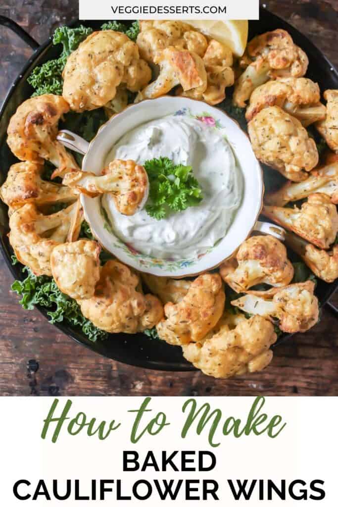 Cauliflower wing in a bowl of dip.