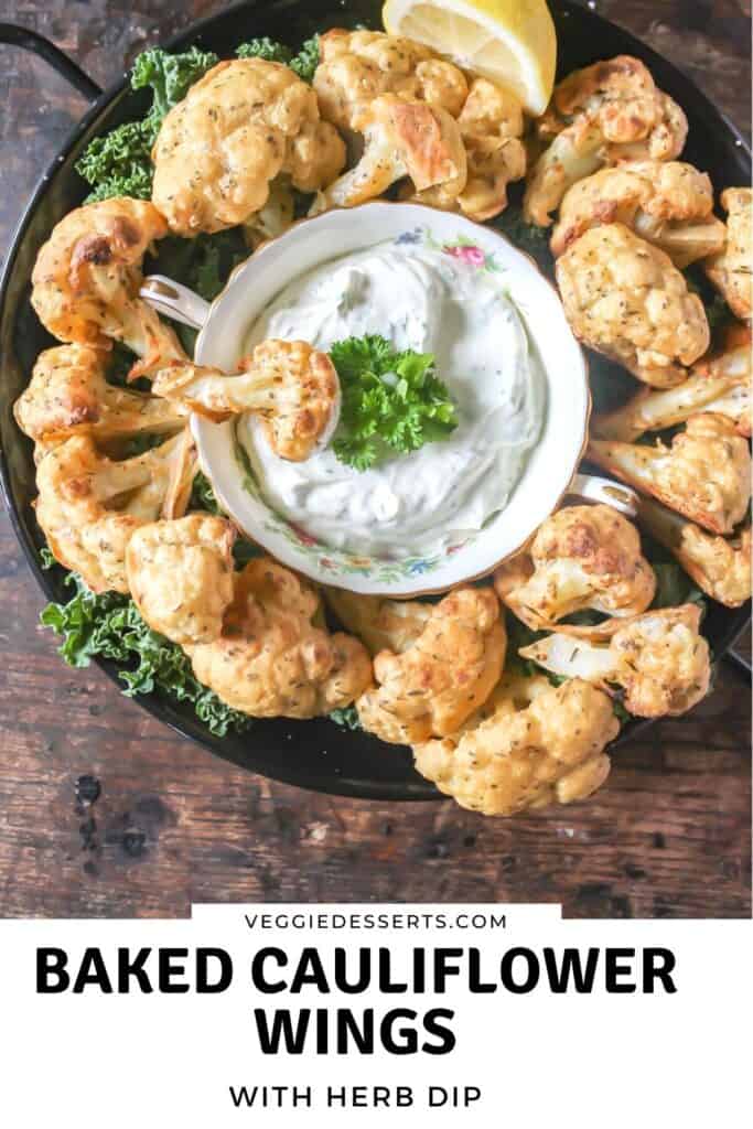 Cauliflower wing in a bowl of dip.