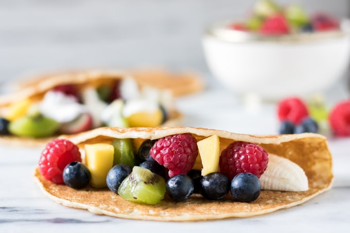 Close up of fruit in a crepe.
