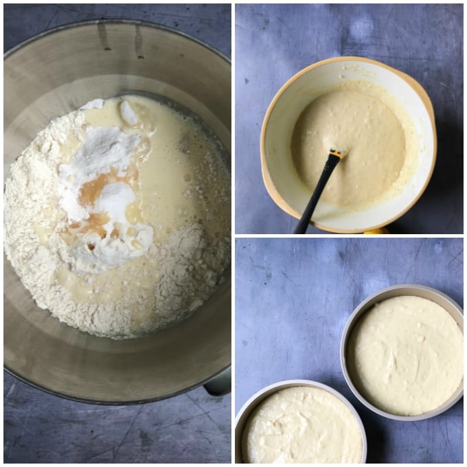 Collage: 1 cake ingredients in bowl, 2 batter mixed, 3 in baking pans.