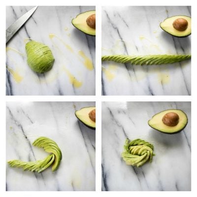 Collage of cutting an avocado into a rose shape.