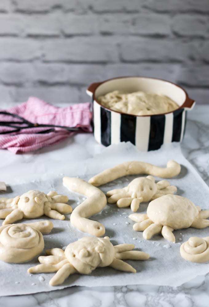 Bread dough shaped into snakes, snails and spiders.