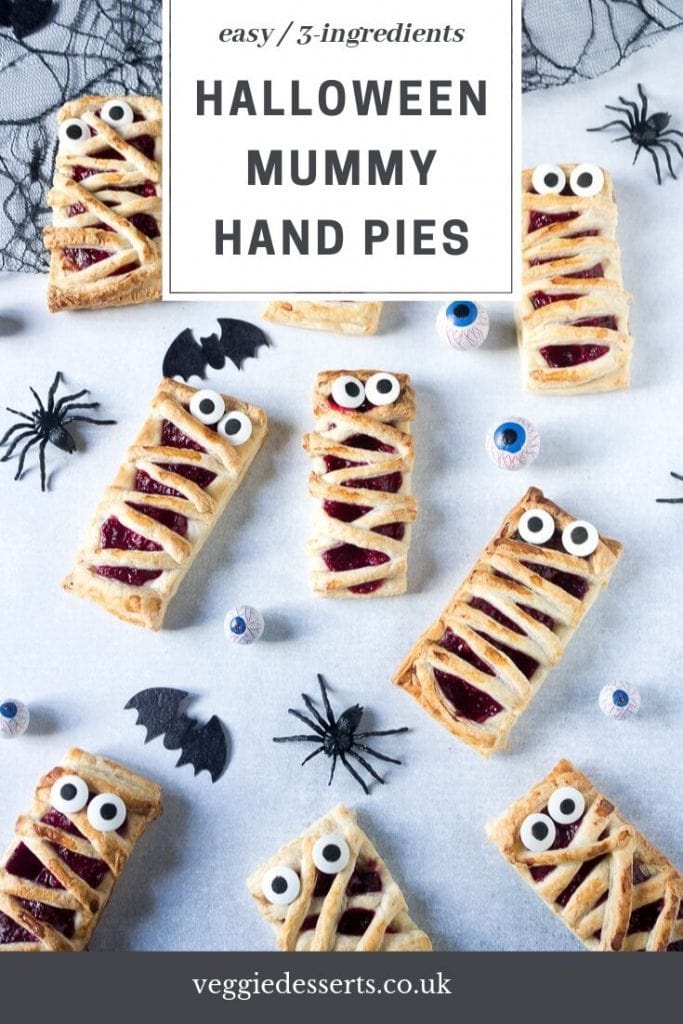 pinnable image for easy halloween mummy hand pies recipe
