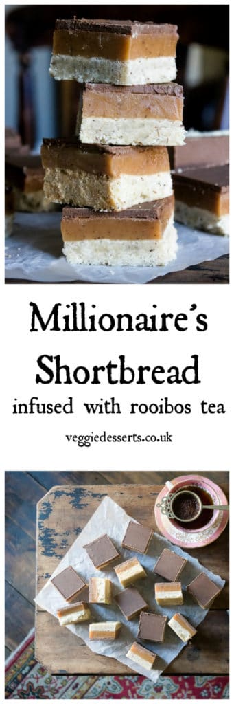 Get the recipe of Millionaire Shortbread (Caramel Squares) infused with nutty Rooibos tea. Layers of shortbread, caramel and chocolate make a rich and delicious dessert. #rooibos #millionaireshortbread #shortbread #caramel #tearecipe