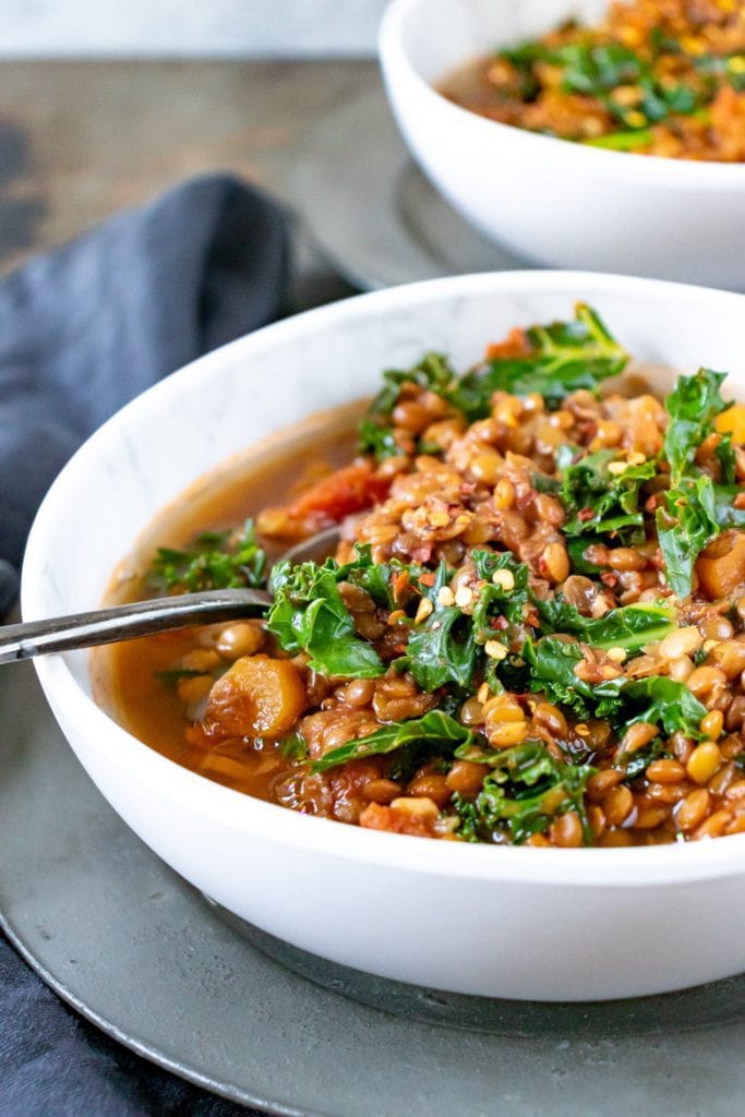 Close up of a bowl of vegan lentil stew recipe
