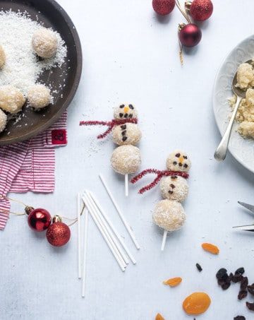 Easy no-bake vegan almond coconut bliss balls are threaded onto sticks to make fun Christmas snowmen. A fun festive healthy treat for kids.