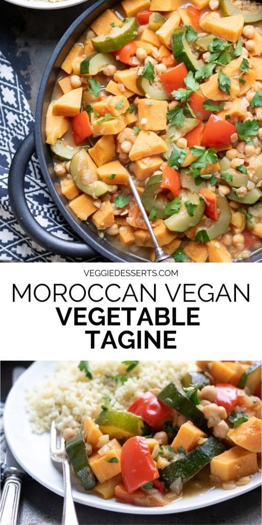 Close up of dish of vegan tagine, with plate of it at the bottom and text overlay for pinterest.
