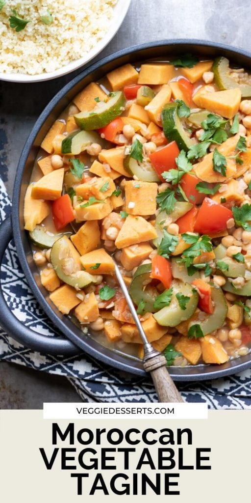 Dish of vegetable tagine with text overlay for pinterest