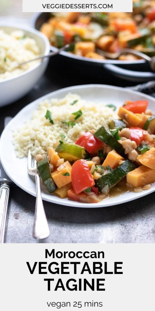 Plate of Moroccan vegetable tagine with couscous, with text overlay for Pinterest