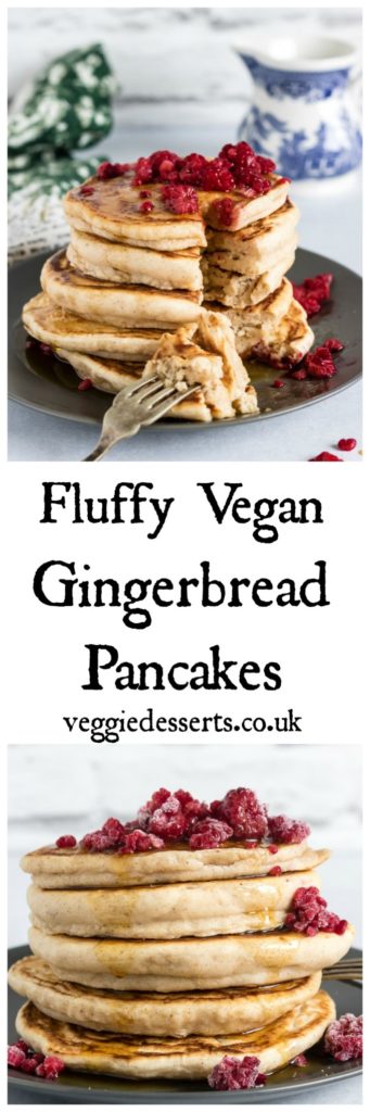 Make these easy Fluffy Vegan Pancakes. They're thick and delicious. #vegan #veganpancakes #veganchristmas #gingerbread