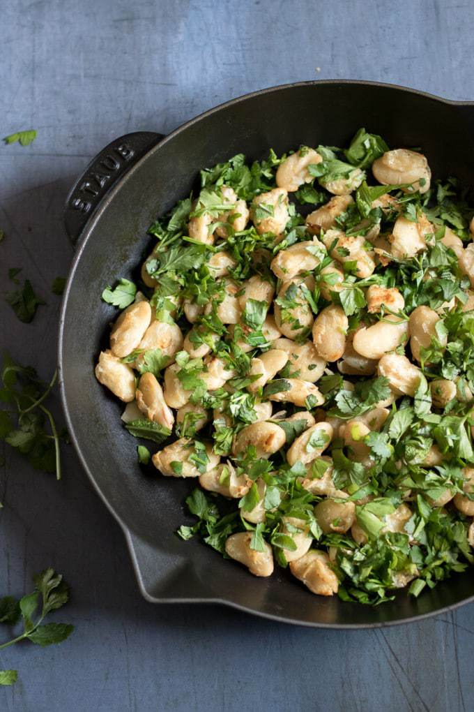 Herby Beans in a frying pan. 