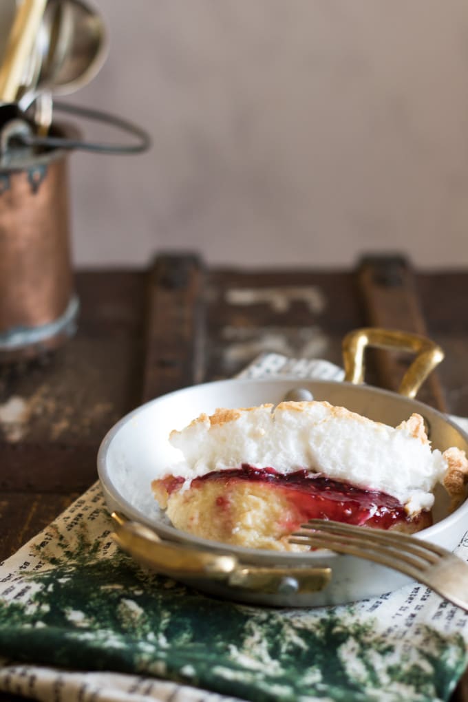 Close up of a serving of Queen of Puddings.