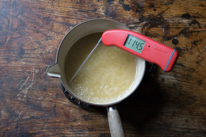 sugar in a pan with thermometer