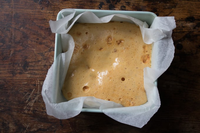 honeycomb in a pan ready to set and harden.