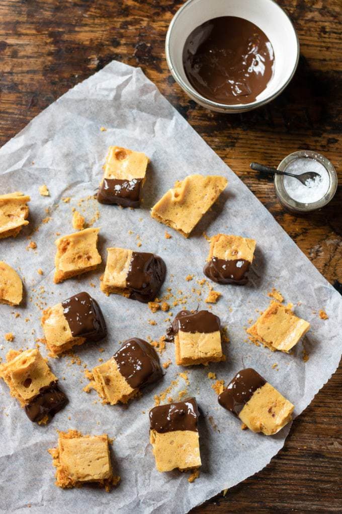 Salted Chocolate Honeycomb on baking paper.