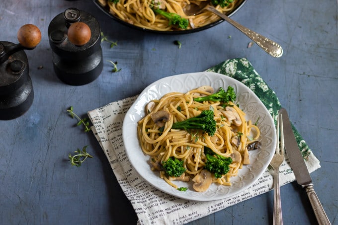 A bowl of Tenderstem and Mushroom Vegan One-Pot Pasta with thyme