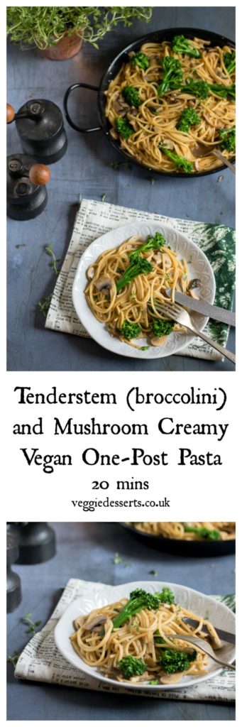 Collage of pictures of pasta with text: Tenderstem, broccolini, and Mushroom Creamy One Pot Pasta.
