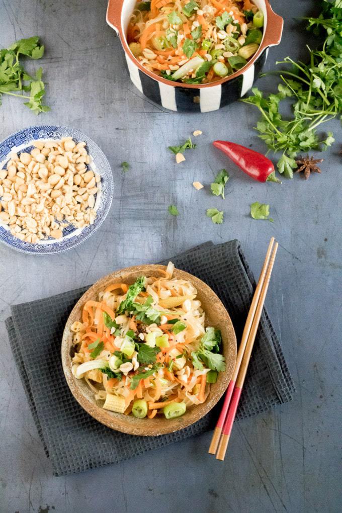 For this 15 minute vegan pad Thai, you just need fresh asian veggies, rice noodles, spices, peanuts and carrots. 