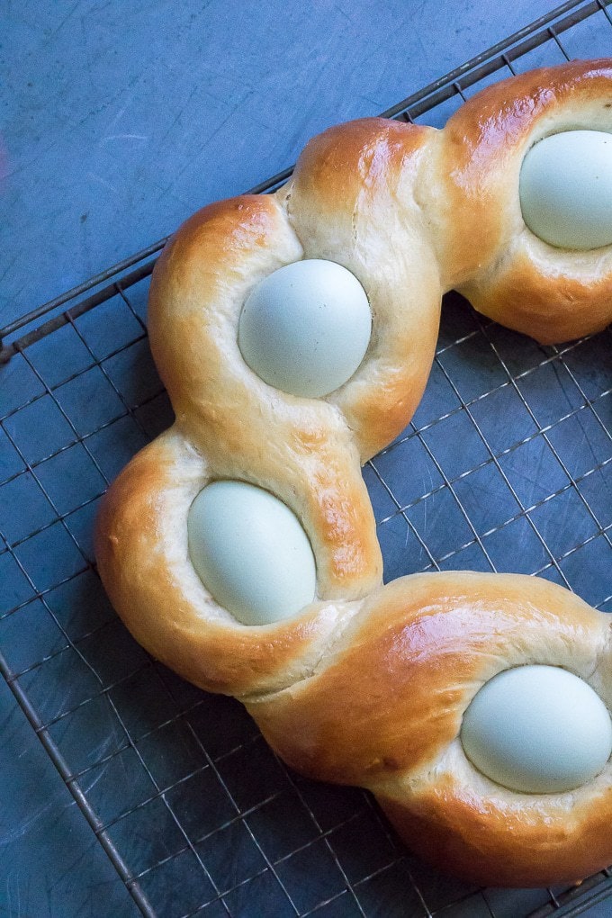 Close up of half of an easy Italian braided Easter bread wreath.